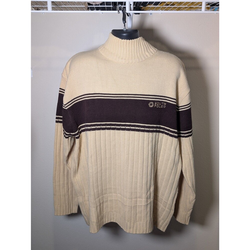 South Pole XXL Striped Knit Oversized Pullover Sweater Cream Brown